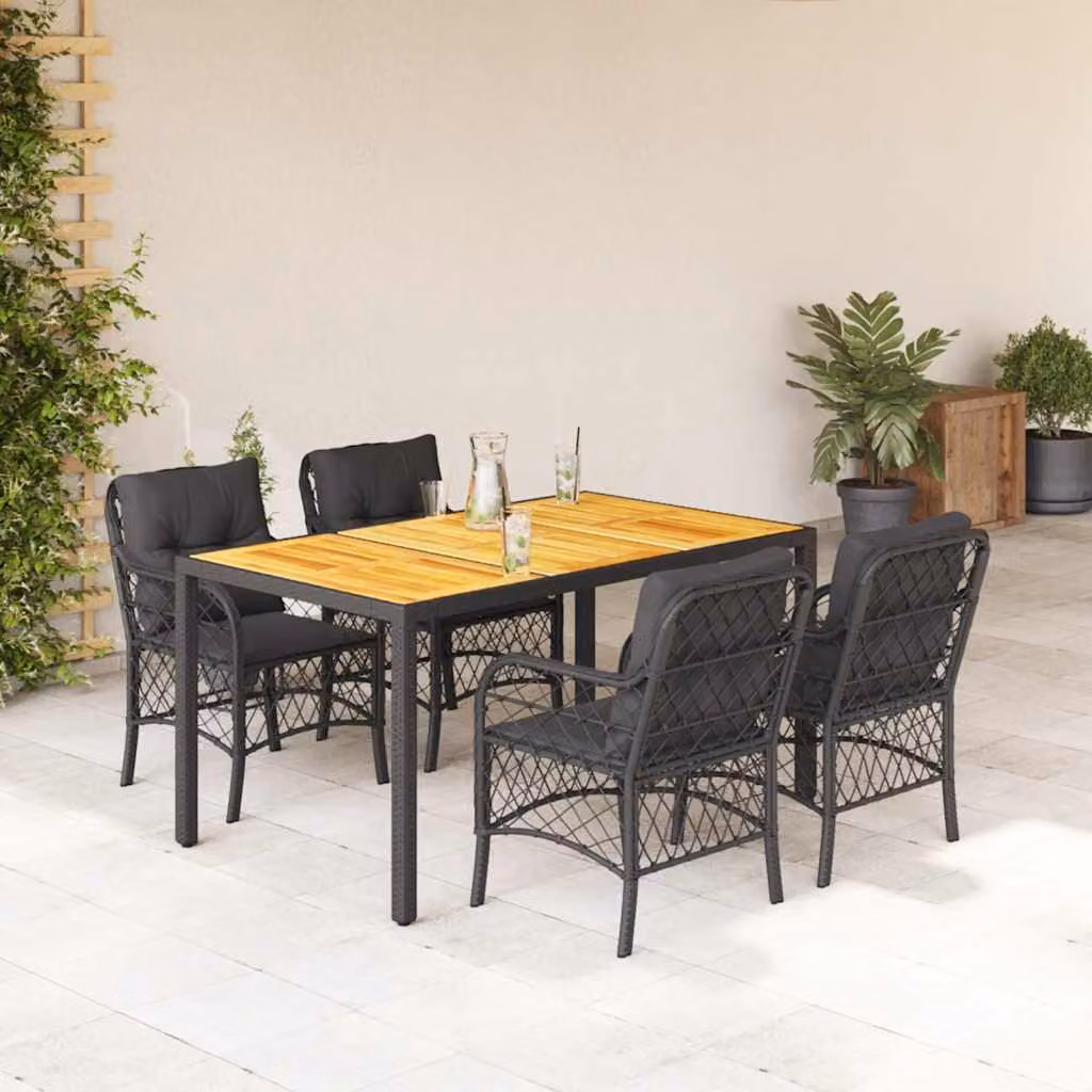 Set da pranzo da giardino vidaXL in legno di acacia oliato e polyrattan nero con 5 pezzi – 1