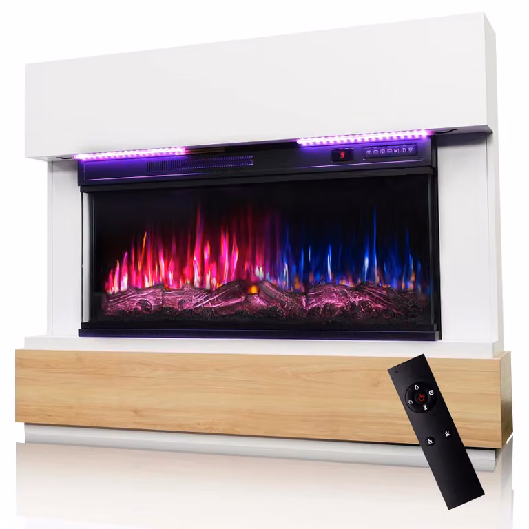Camino elettrico con mobile - Inserto 91,4 cm - Potenza 1000/2000 W - Fiamma 3D, 12 colori, 5 livelli - LED 20 colori - Telecomando e touch, timer 1-8 ore - Nero