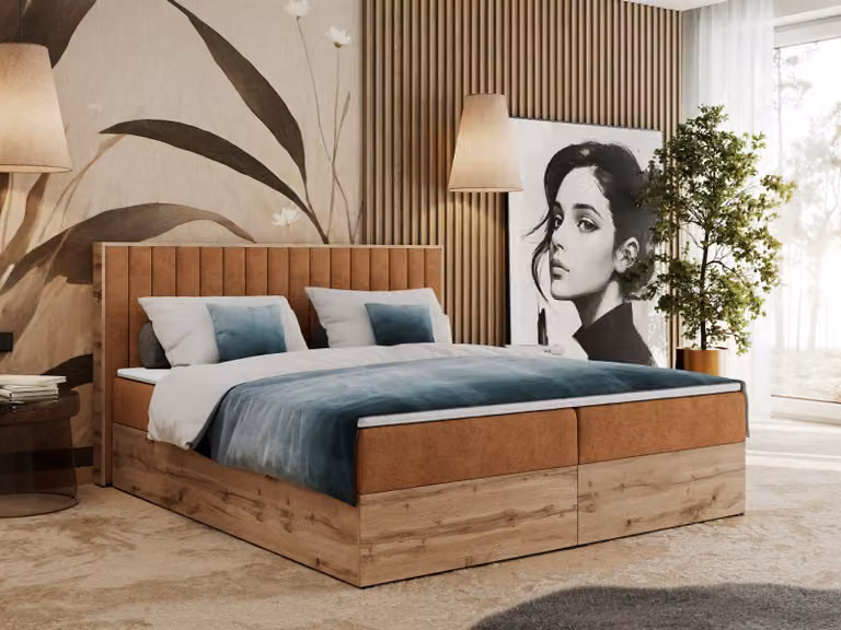 Letto boxspring, due cassetti portaoggetti, set completo con materasso e coprimaterasso - Albero-4 - 160x200 cm - Struttura arancione - H3