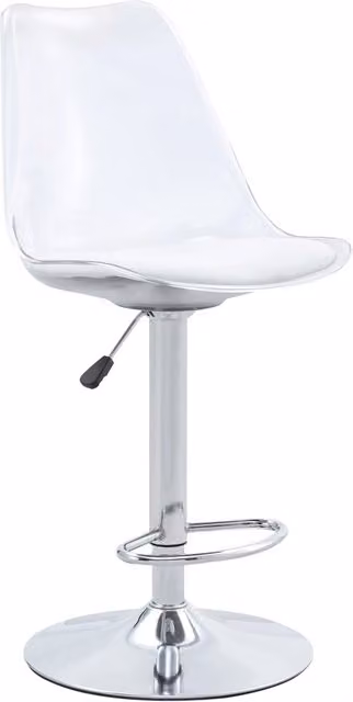 Set di 2 sgabelli da bar regolabili con schienale trasparente in plastica, sedile in pelle PU bianco e base in metallo argentato, altezza 60-80 cm, rotazione 360°