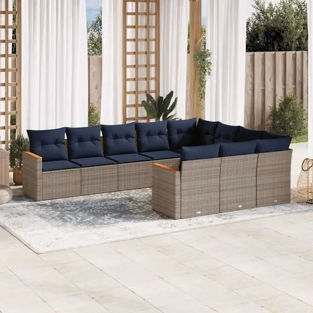 Set Divani da Giardino 10 pz con Cuscini Grigio in Polyrattan 3226341