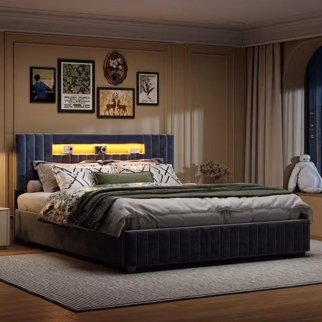 Letto matrimoniale 140x200 cm grigio velluto, testiera con vano e luci LED RGB, controllo app e telecomando, struttura moderna camera da letto