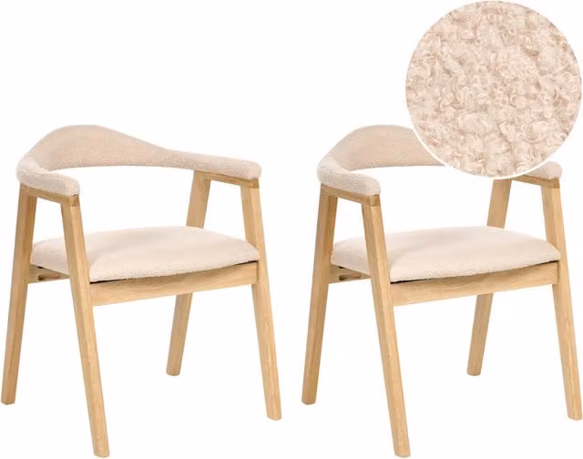 Set di 2 sedie da pranzo Marrone chiaro Seduta imbottita Schienale Boucle Poliestere Gomma Struttura in legno Stile retrò Sala da pranzo