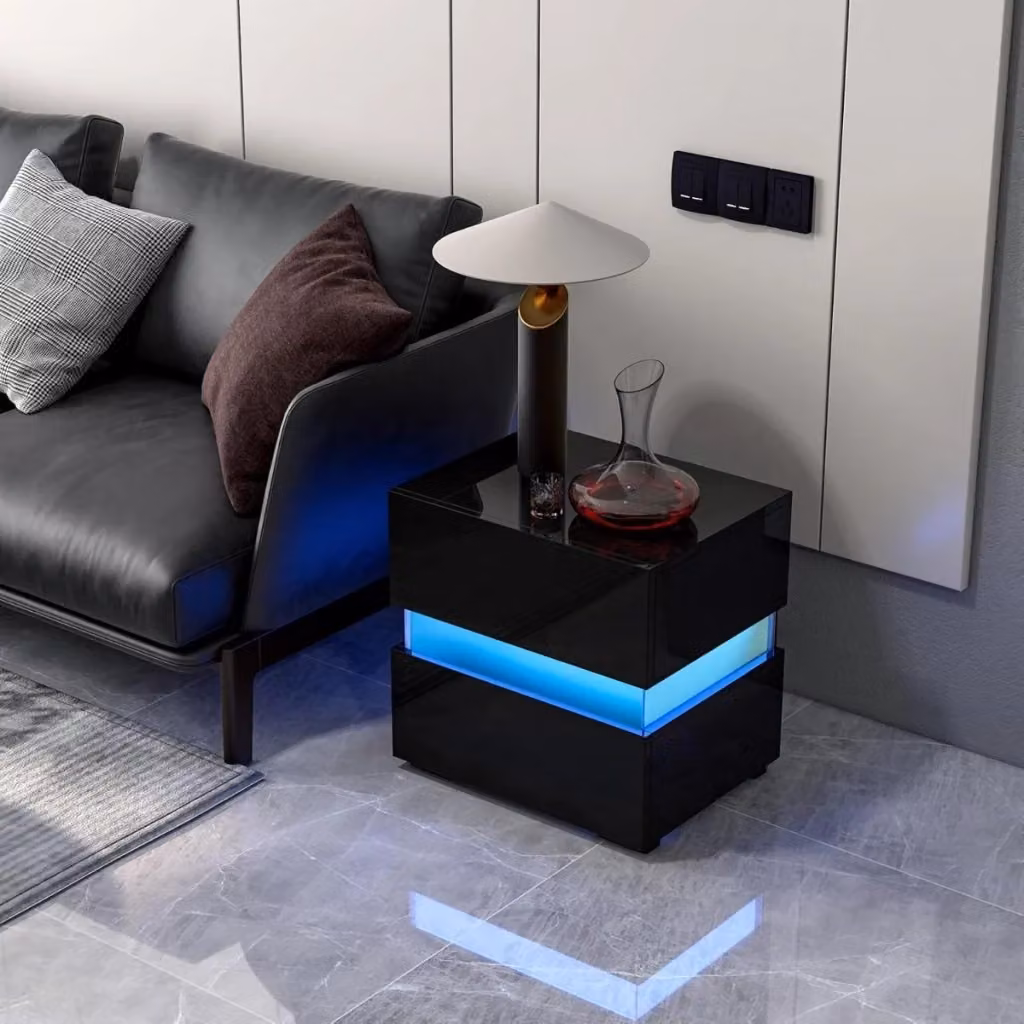 Comodino moderno con illuminazione LED integrata e cassetti, nero lucido, con telecomando e modalità regolabili – 2