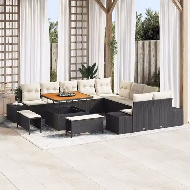 Set Divano da Giardino vidaXL a Forma a U con 13 Pezzi, Nero, con Cuscini e Tavolino da Esterno