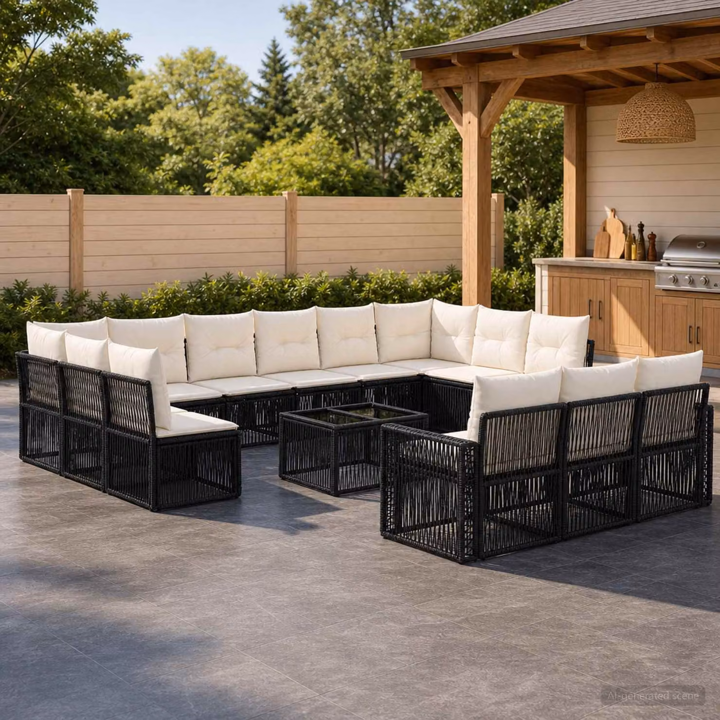 Set Divano da Giardino vidaXL 14 Pezzi a Forma di U con Tavolino da Caffè, Colore Nero e Bianco Crema, Struttura in Metallo e Polyrattan con Cuscini Inclusi