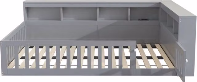 Daybed 140x200 cm con rete a doghe, struttura in truciolato e MDF grigia, con porta USB, presa e vano contenitore