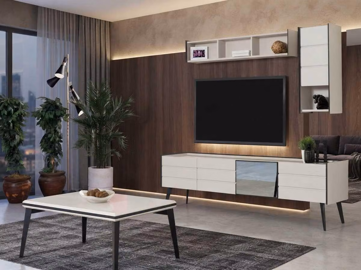 Credenza, tavolino, scaffale, beige, nero, moderno, soggiorno