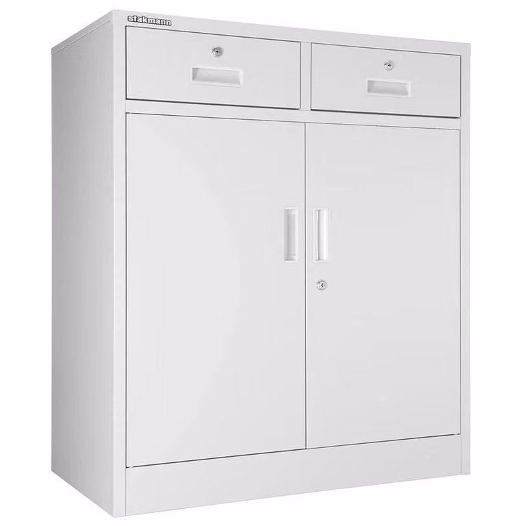 Armadietto in metallo STAKMANN con 2 ante e cassetti, disponibile in grigio o bianco, ideale per ufficio e casa, H 92 x L 80 x P 40 cm