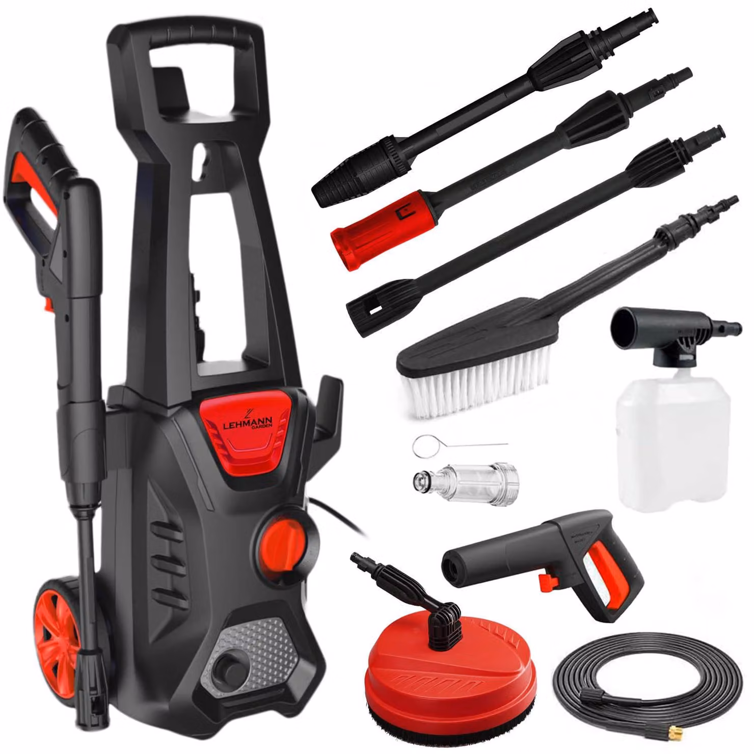 Idropulitrice elettrica - 1600W - 200 bar - Tubo flessibile da 5 metri - Colore nero e rosso - Adatta per uso domestico, giardino e auto