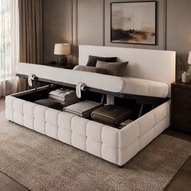 Letto imbottito 90x200 cm beige in velluto con contenitore idraulico, senza materasso