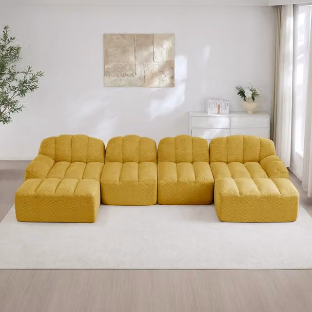 Divano angolare modulare a U OKWISH da 4 posti con 2 ottomani coordinati, rivestimento in tessuto giallo, design moderno per soggiorno, L/P/H: 366 x 165 x 79 cm