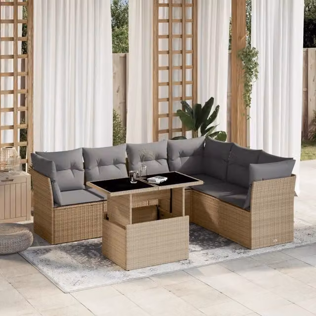 Set Divani da Giardino 7 pz con Cuscini Beige in Polyrattan 3266609