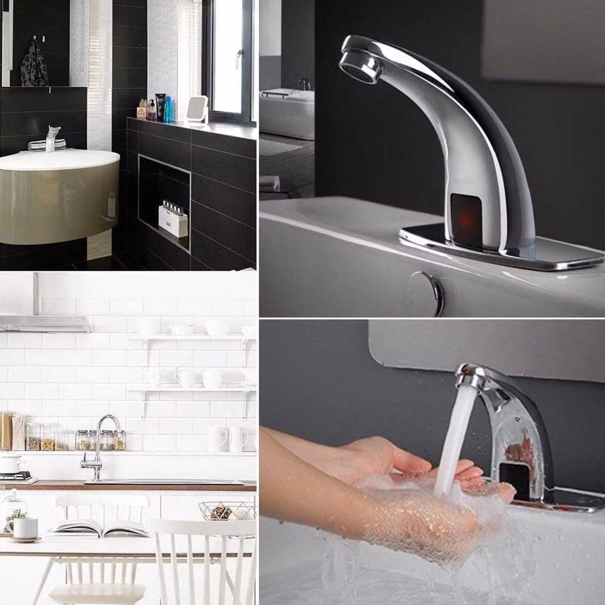 Miscelatore automatico moderno per lavabo, dotato di tecnologia a infrarossi, con finitura in ottone, ideale per bagno e cucina