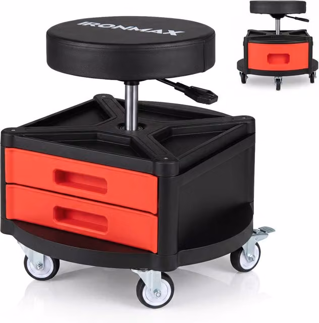 Sgabello da officina girevole e regolabile in altezza con 3 cassetti, vassoio portautensili e 5 ruote, sedia imbottita per meccanico disponibile in nero e rosso