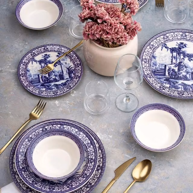 Servizio piatti DMORA Nimosene in ceramica, set da 24 pezzi, blu e bianco