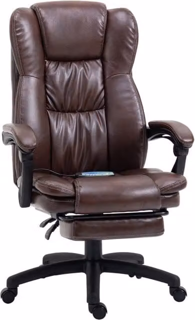 Sedia da ufficio executive in similpelle marrone con massaggio, schienale reclinabile, poggiapiedi e rotazione a 360°