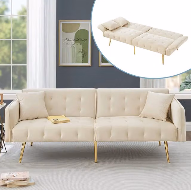 Divano letto a 2 posti 215x81.5 cm con schienale e braccioli regolabili in velluto beige