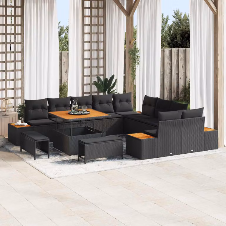 Set Divano da Giardino vidaXL a forma a U in Rattan e Metallo con Cuscini, 13 Pezzi, Nero