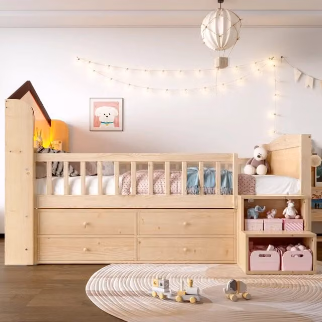 Letto semi-alto per bambini a forma di casa in legno con illuminazione LED e 4 cassetti, colore naturale, L: 200 cm, P: 90 cm