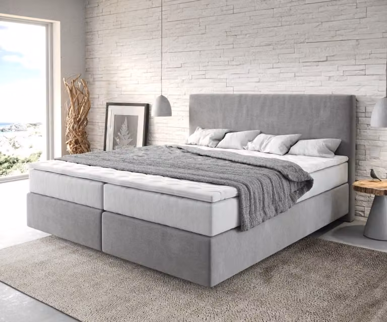 Letto boxspring DELIFE Dream-Well 180x200 cm in microfibra grigia con materasso TFK e topper in viscoelastico