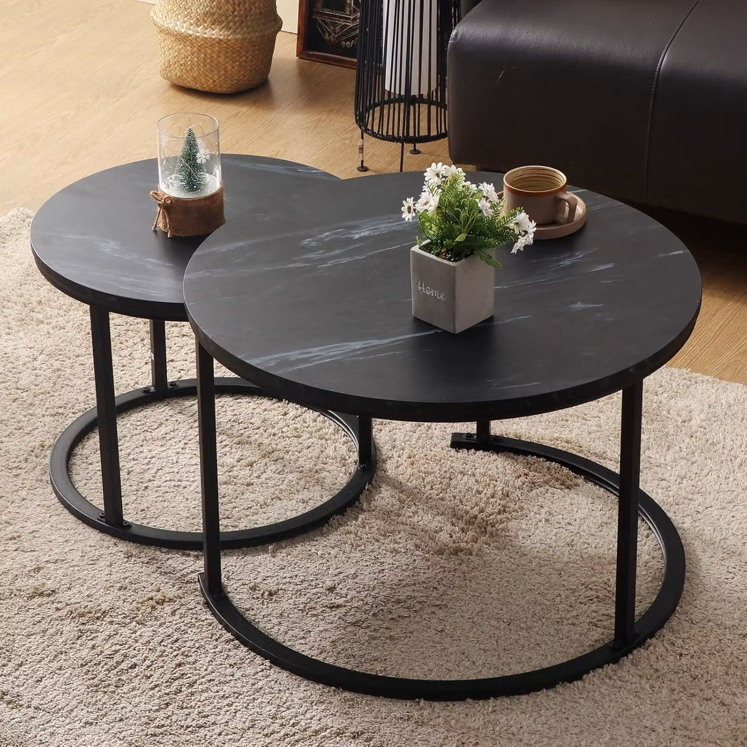 Tavolino rotondo, set di 2 tavolini, set di tavolini da salotto moderni, nero