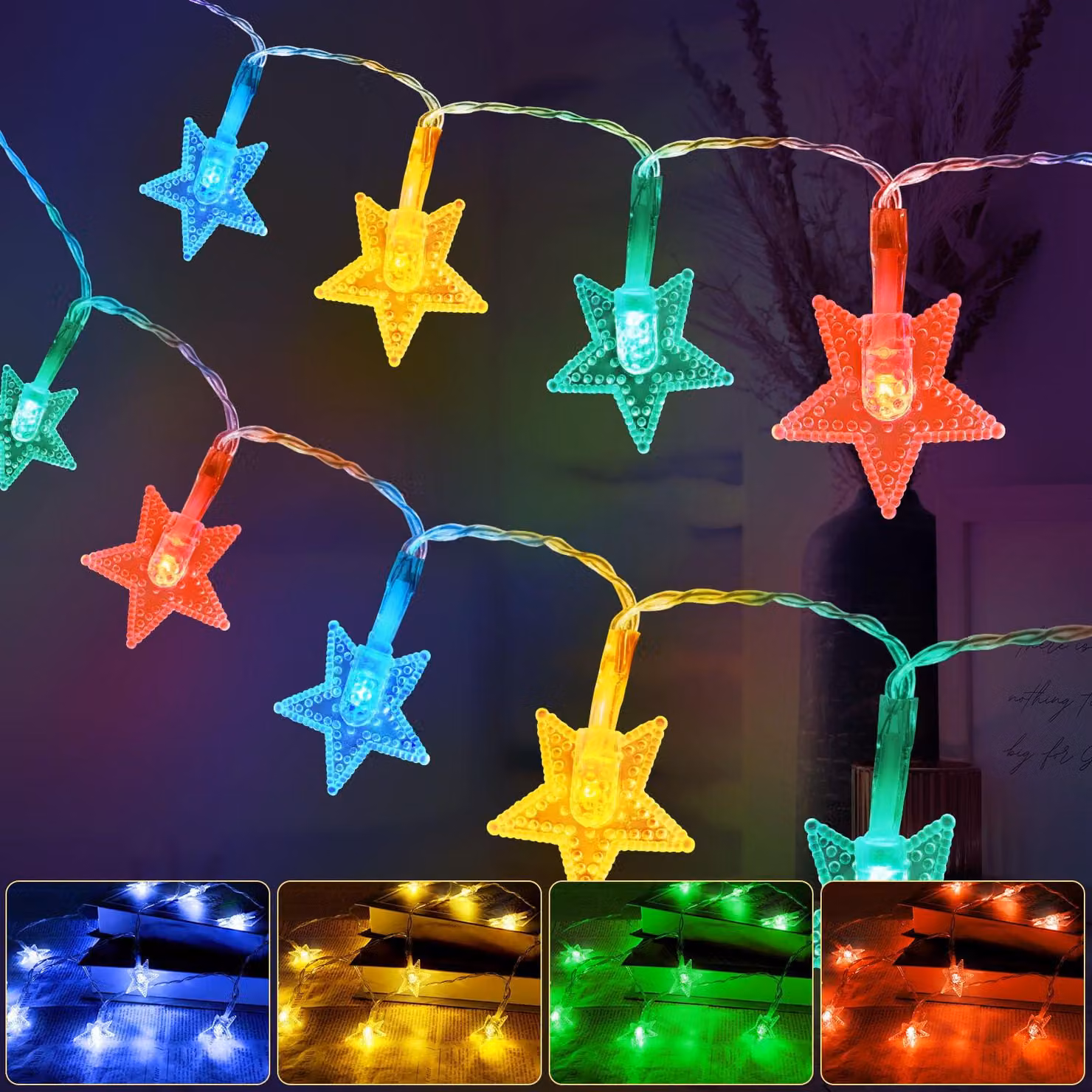 Catena luminosa da 6 metri, con 40 LED a forma di stella, multicolore, 2 modalità, impermeabile