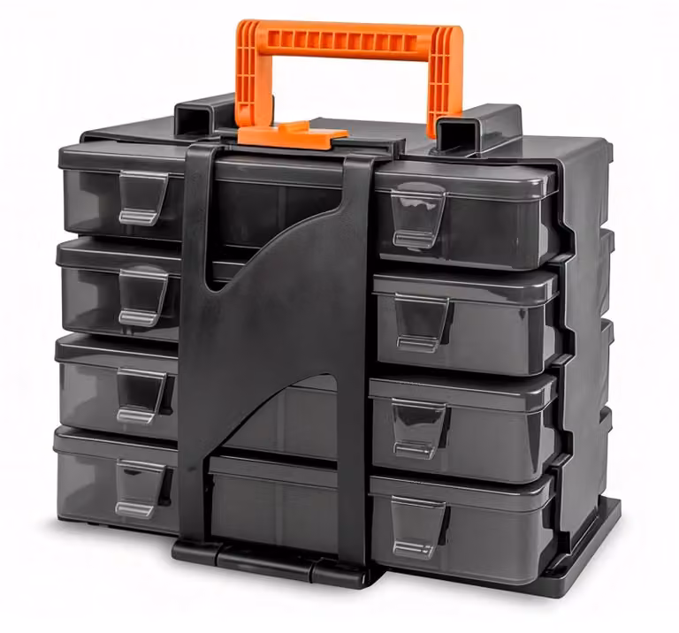 Set di 4 contenitori, ideali per l'officina, impilabili, dimensioni 30x20x21 cm, materiale in PP, con scomparti removibili