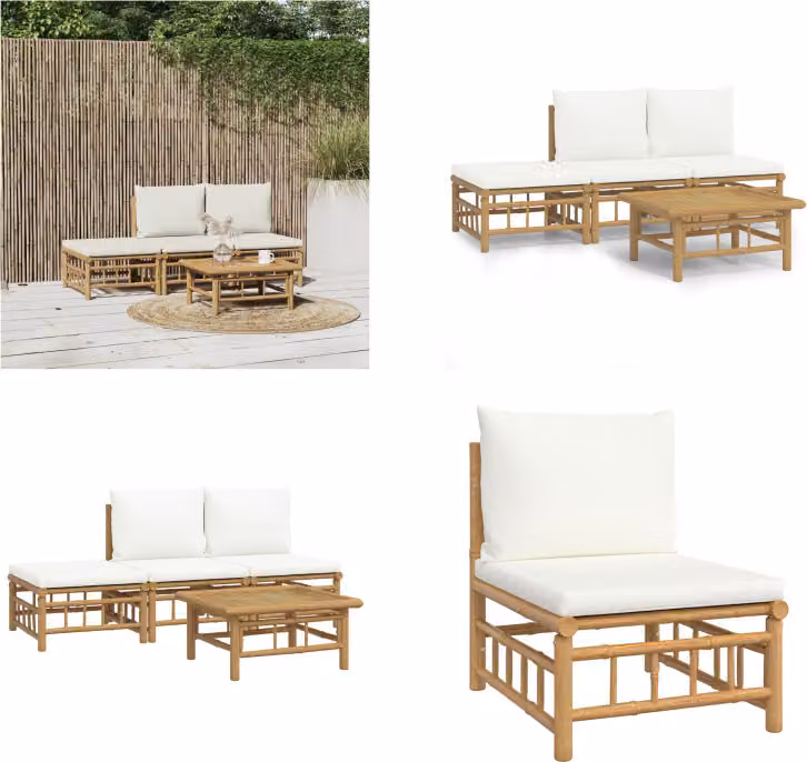 vidaXL set salotto da giardino 4 pezzi con cuscini bianchi crema bambù - Set salotto da giardino - Set salotto da giardino - Set salotto - Set mobili da giardino