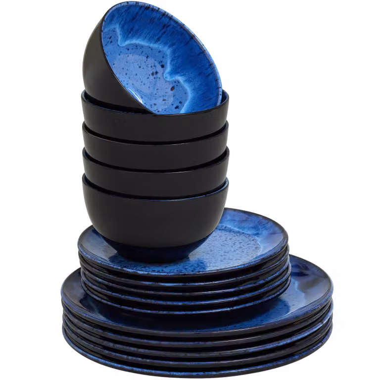 Servizio da cena tectake in ceramica e grès blu, 24 pezzi per 6 persone