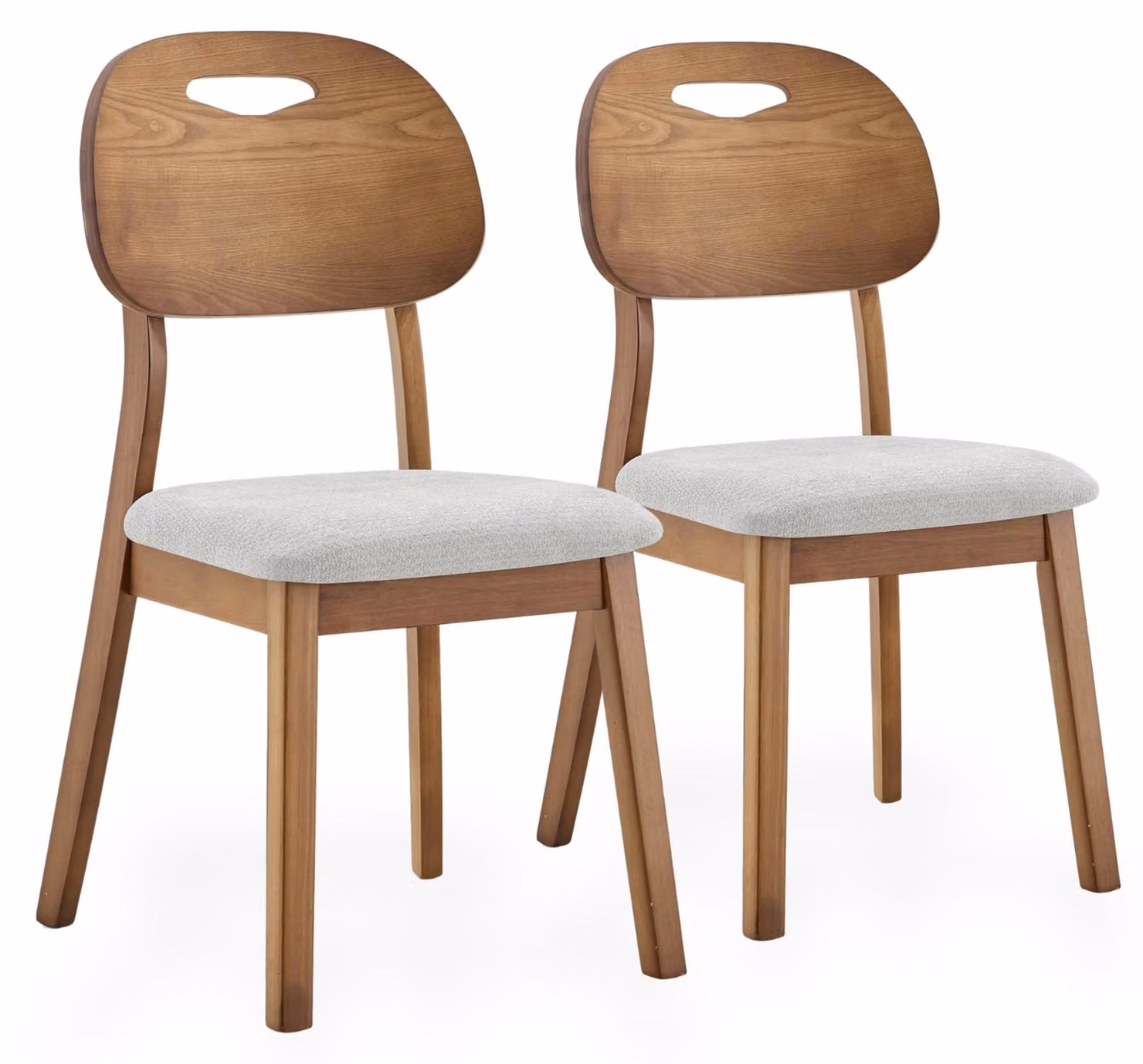 Set di 2 sedie da pranzo in legno massello nordico, con schienale sagomato e braccioli, seduta imbottita in ecopelle, struttura in legno di gomma, colore grigio