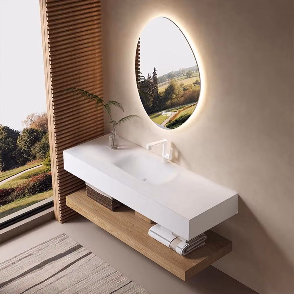 Set da bagno con lavabo bianco - pietra sinterizzata - specchio LED, ripiano marrone e set di scarico, 120×55 cm【R557】