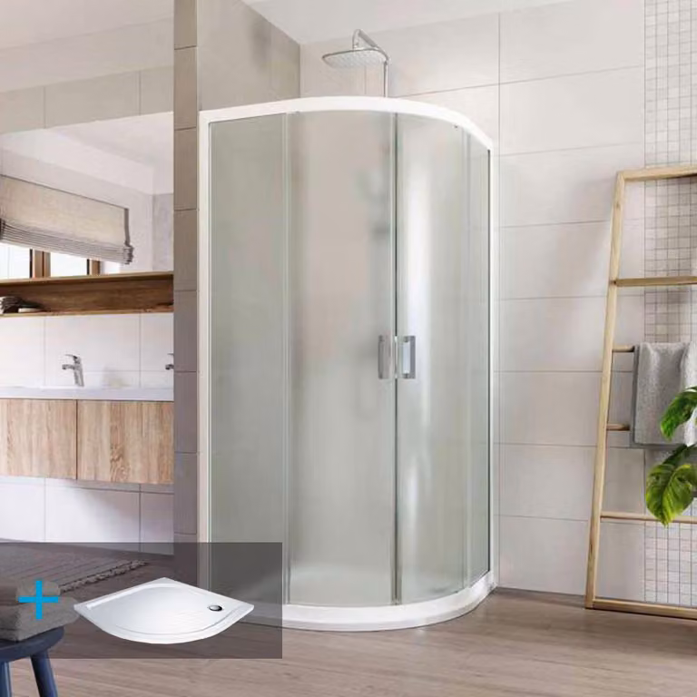 Set doccia Mereo:, LIMA, quarto di cerchio, 90x90x190 cm, R 550, ALU bianco, vetro Point, piatto in marmo - CK608B02KM