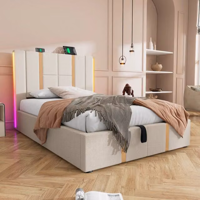 Letto singolo imbottito WISHDOR beige con contenitore salvaspazio, illuminazione LED sottostante, porta USB Type-C e mensola integrata, L/P/H: 90 x 200 cm
