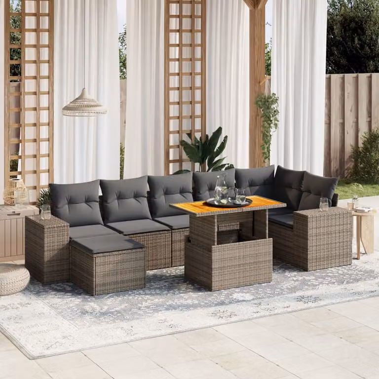 vidaXL Set Divano da Giardino 8 pz in Polyrattan Grigio con Cuscini e Tavolino da Esterno