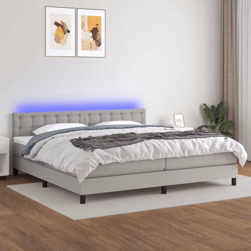 Letto a molle vidaXL con materasso e illuminazione LED, rivestimento in tessuto grigio e bianco, L/P/H: 200 x 200 x 203 cm – 1