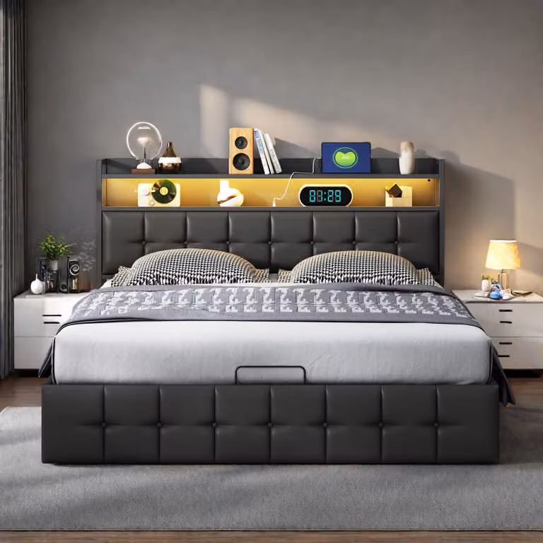Letto multifunzionale 140x200 cm in Finto cuoio nera con LED RGB, box idraulico, prese integrate e caricatore europeo