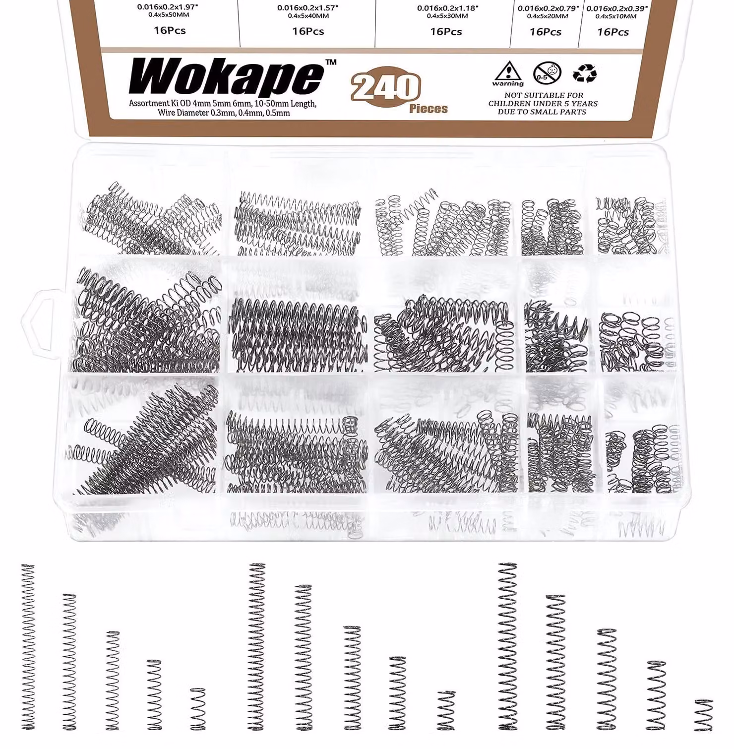 Set di molle a compressione, 240 pezzi, 15 diverse dimensioni, acciaio inossidabile