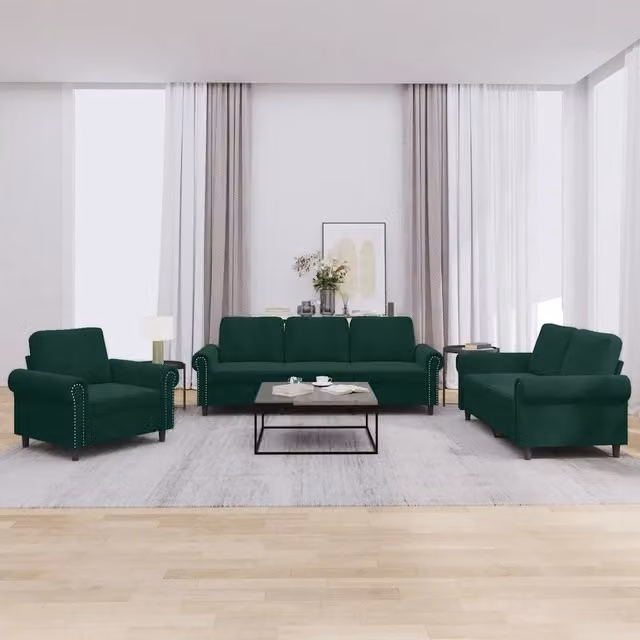 Set di divani 3 pezzi vidaXL in velluto verde per soggiorno moderno con cuscini inclusi