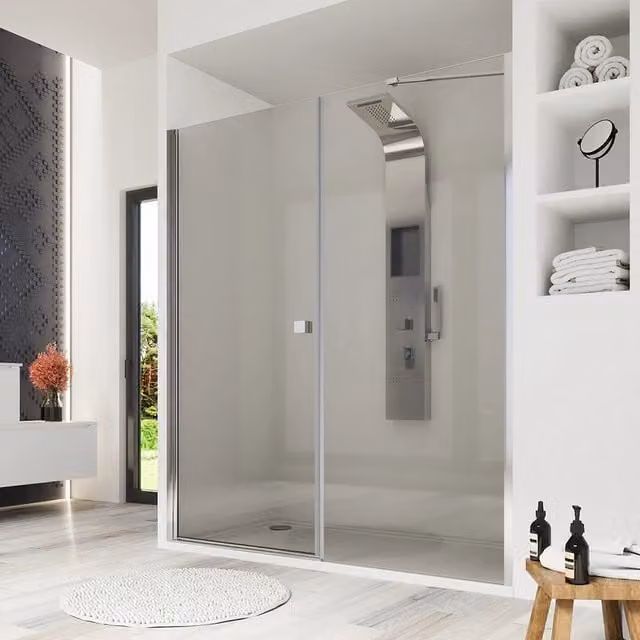 Porta doccia Fiji a nicchia con apertura a battente e parete fissa, vetro trasparente da 8 mm e profili cromati, H 195 cm, L 151-155 cm
