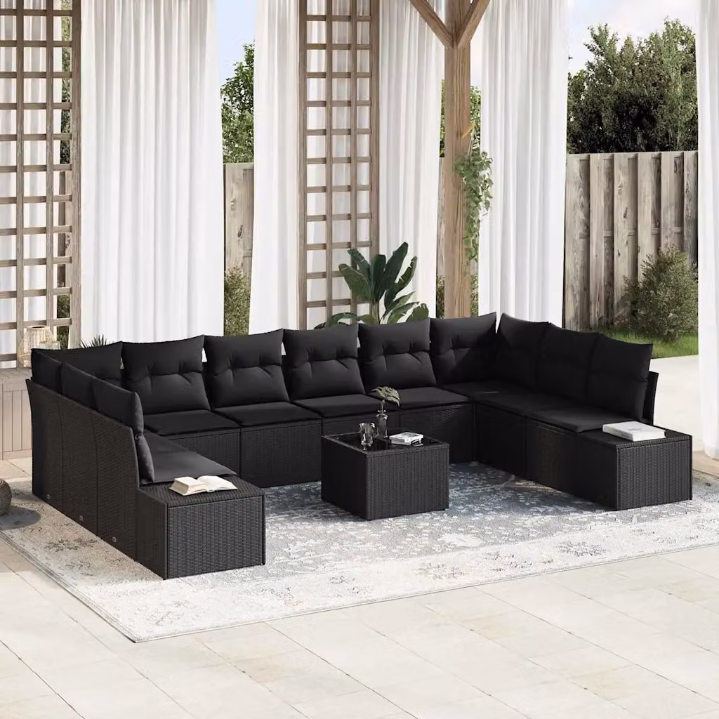 Set Divano da Giardino vidaXL 11 Pezzi Moderno a Forma di L con Cuscini e Tavolino Nero – 1