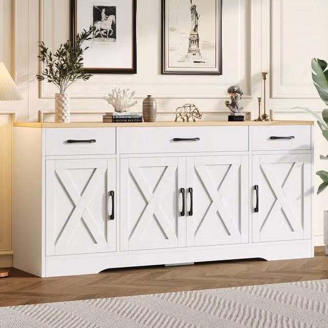 Sideboard moderno bianco in legno, mobile multifunzione per soggiorno e sala da pranzo con decorazione