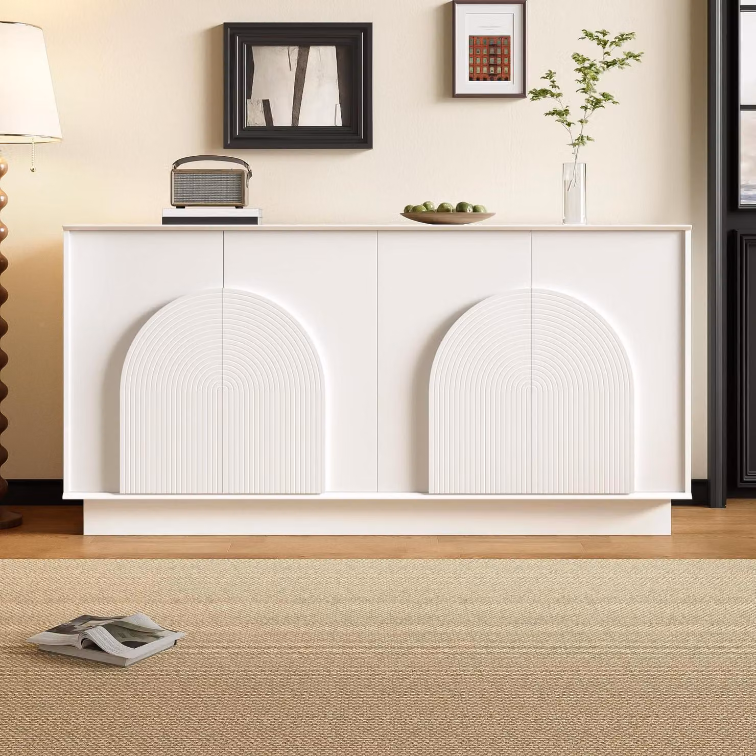 Credenza con 4 ante, mobile contenitore con pannelli delle ante curvi, 160 cm, bianco, finitura opaca