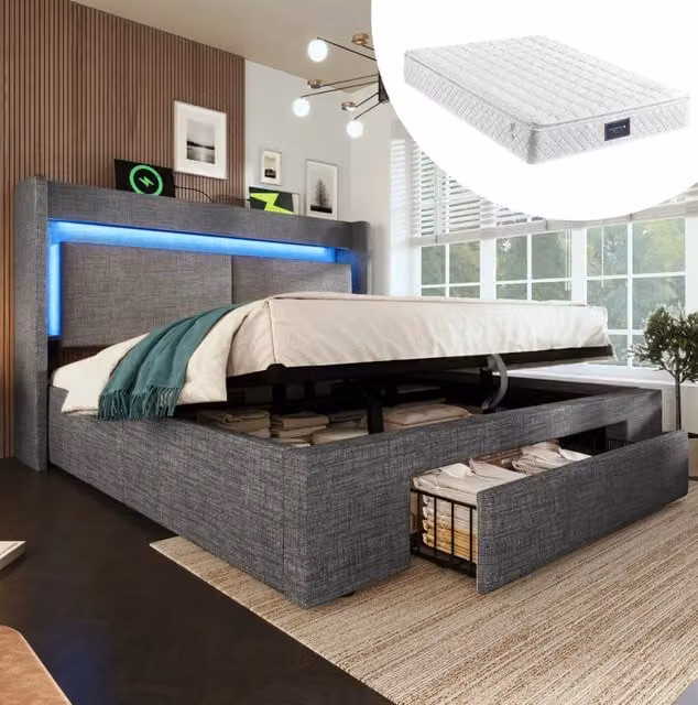 Letto imbottito 160x200 cm con contenitore, LED, USB e materasso, rivestito in lino grigio