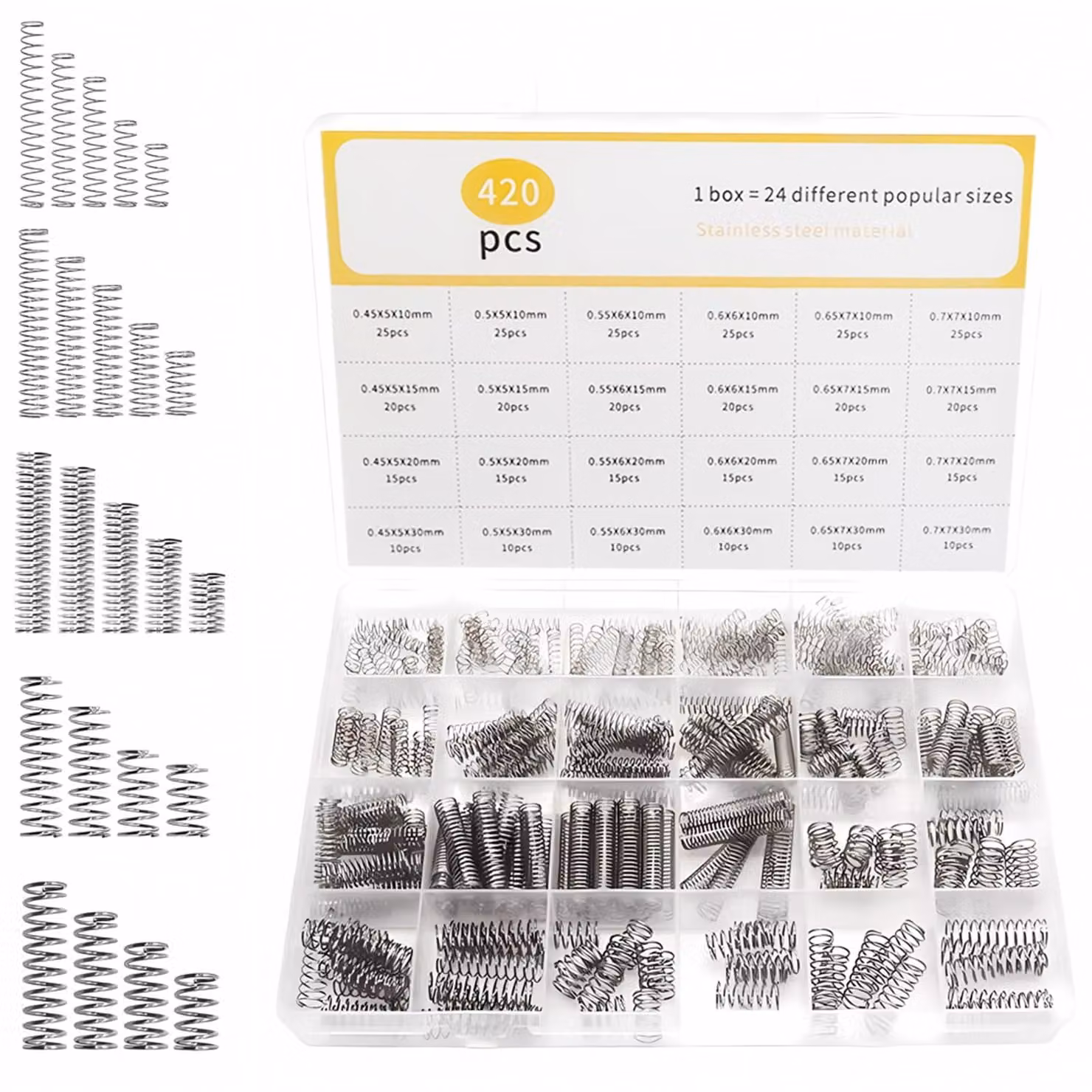 Set di molle a compressione, 420 pezzi – lunghezza da 10 a 30 mm, diametro da 5 a 7 mm, acciaio inossidabile