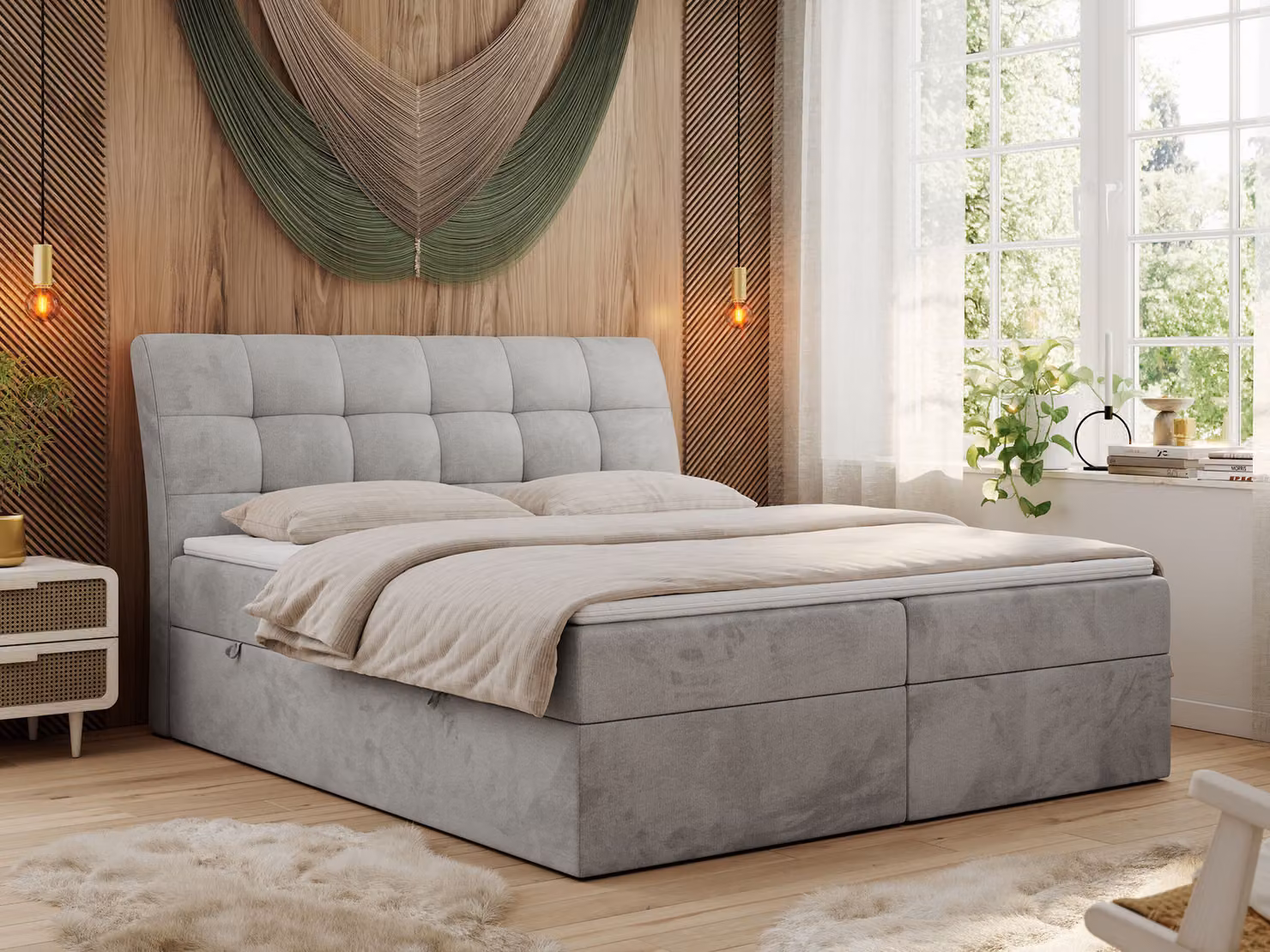 Letto con boxspring 180x200 con materasso, letto con sistema a molle insacchettate - materasso H4 e topper, letto imbottito 180x200 con contenitore e testiera, modello DIEGOS - 180x200 - Grigio chiaro - Velluto - H4