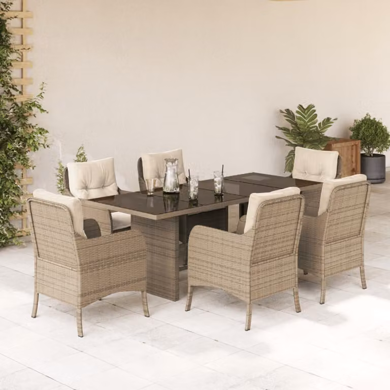 Set da Pranzo da Giardino vidaXL in Polyrattan con Cuscini Beige e Tavolo in Vetro, 7 Pezzi