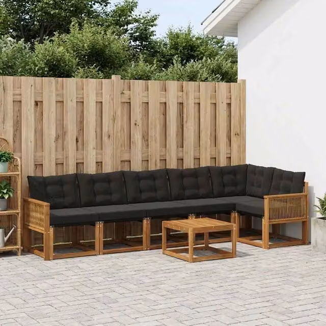 Set di divani da esterno a L vidaXL in legno di acacia con tavolo da caffè, 7 pezzi, marrone e nero