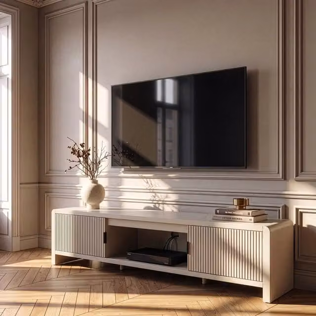 Mobile TV Lukkodso en.casa con 2 ante e vano centrale aperto, colore beige, L 150 cm x P 40 cm x H 40 cm