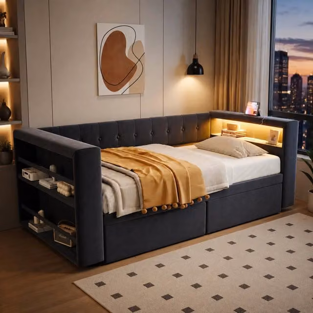 Letto singolo multifunzionale 90 × 190 cm con LED presa e cassetti in flanella grigio scuro